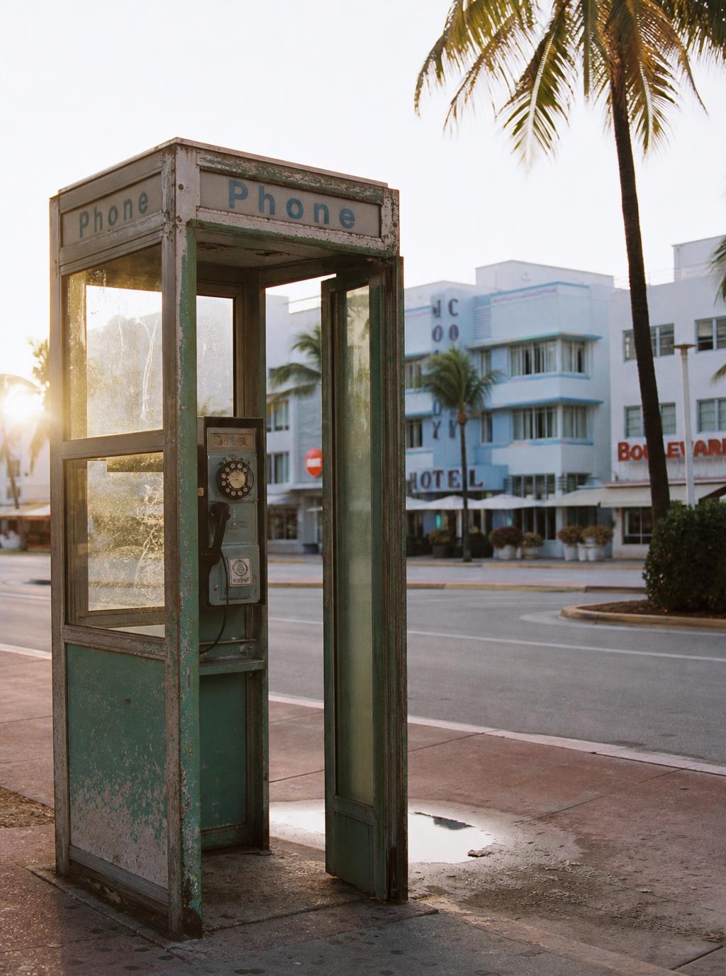 Vintage telefonboks i Miami med palmer og art deco arkitektur